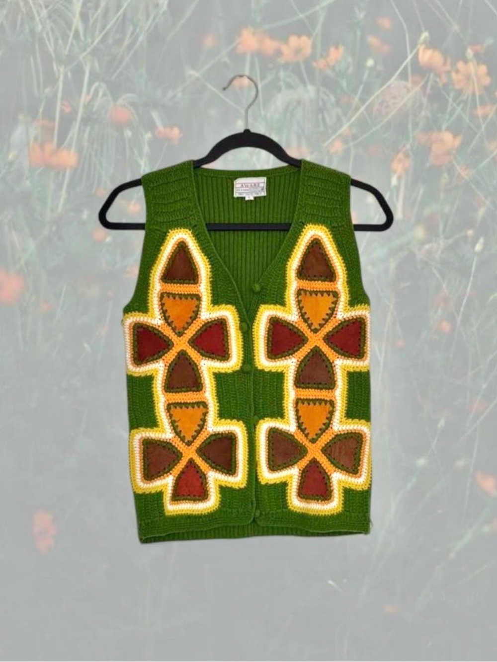 VTG 70s AWARE Crochet Vest Leather Accents Artisan Boho Cottagecore